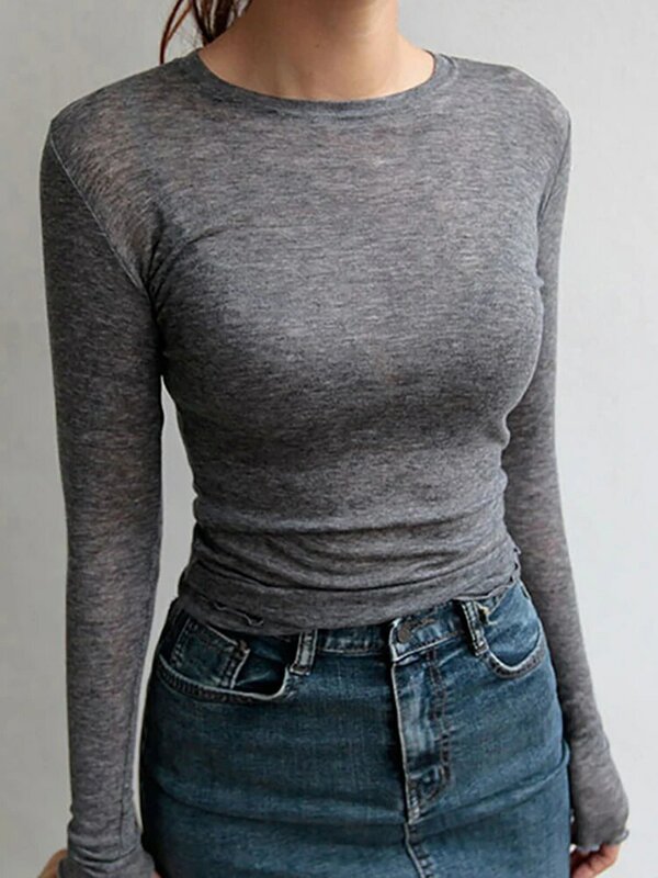 Camisa de algodão de alta qualidade simples t das mulheres elástico básico camisetas femininas casual tops de manga longa sexy fino camiseta ver através