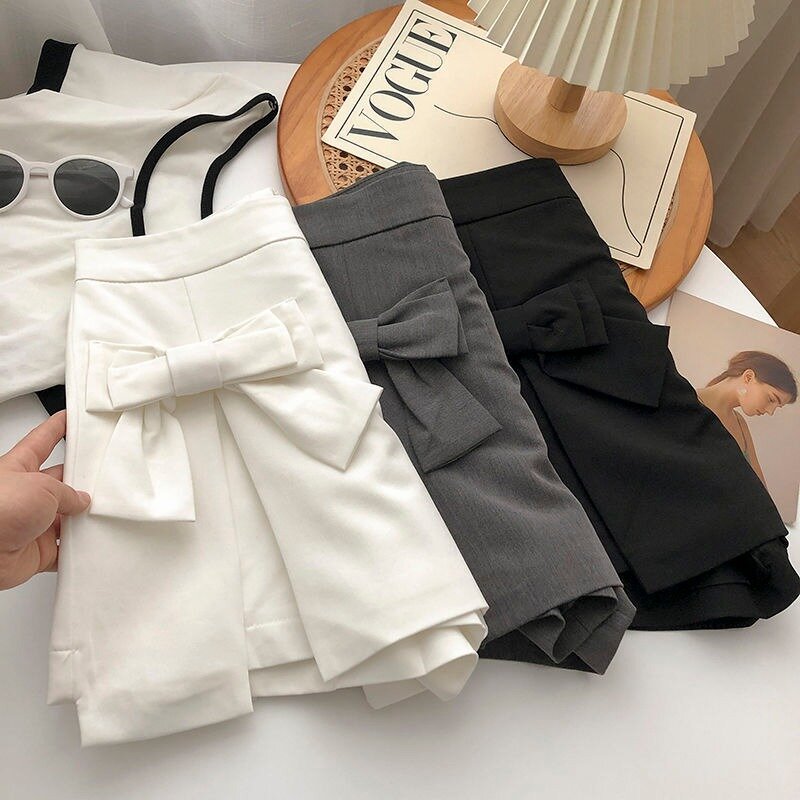 Girls Design Sense Culottes Bow A-line Slacks Women's Summer Streetwear New Gray Versatile Slim High-waisted Short Divided Skirt