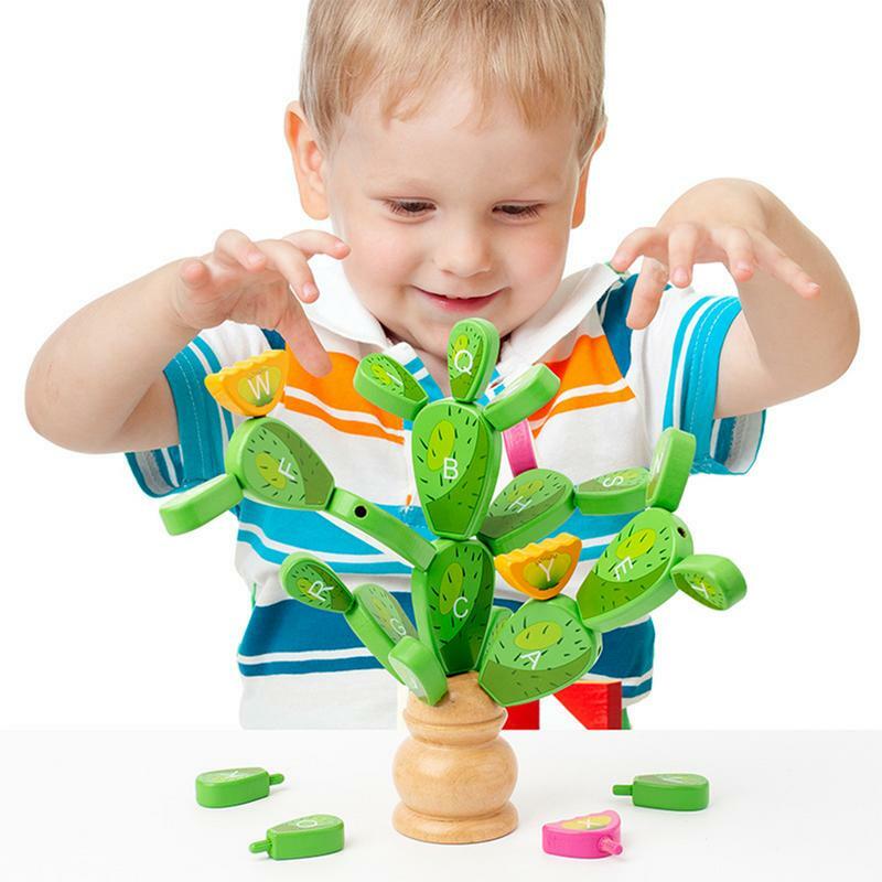 Wooden Stacking cactus toy set colorful letters cognitive early educational toys patchwork cactus Balancing baby and Toddler Toy