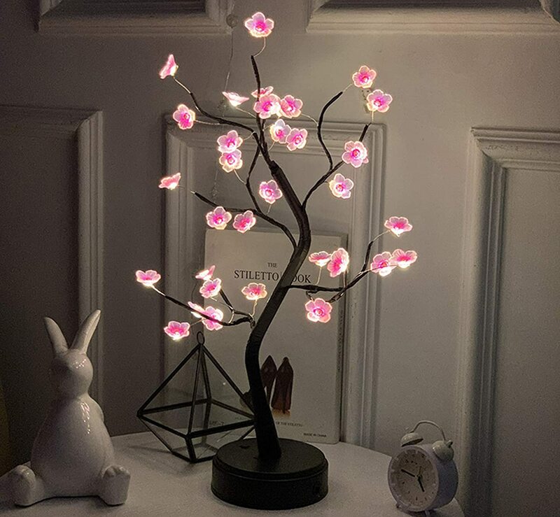1PC Pink Cherry Blossom 36 LED Bonsai Tree Light Tree Lamps For Living Room Cute Night Light For Home Weddings Christmas Decor