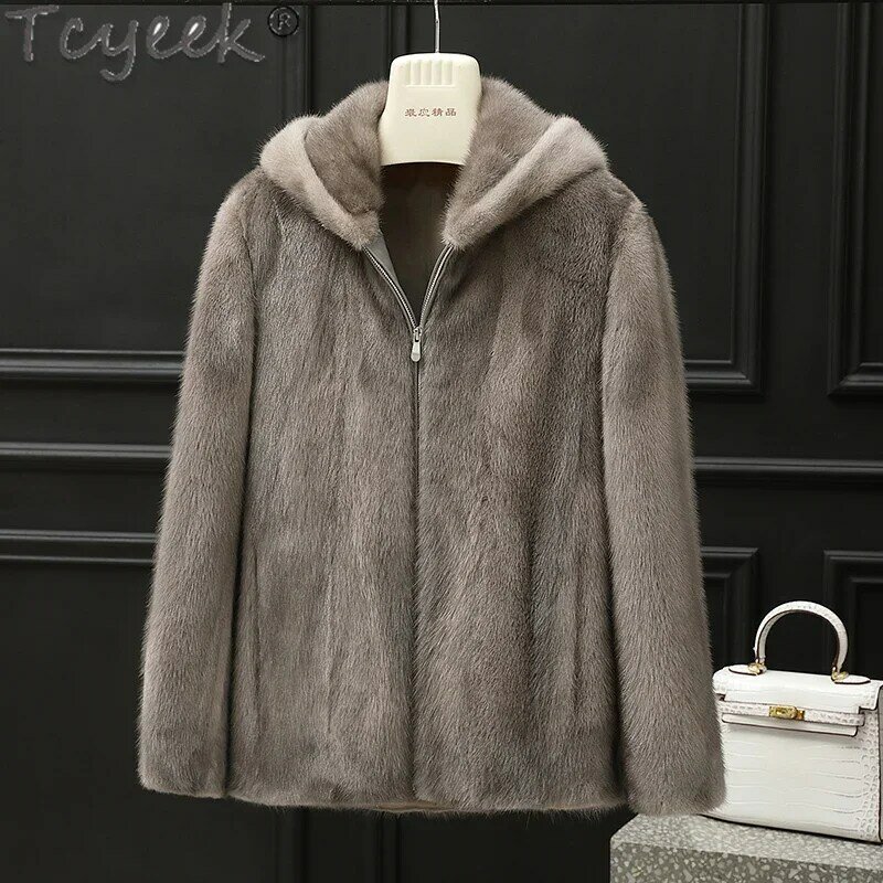 Tcyeek-casaco de pele de vison real para homens, vison inteiro importado, casaco de pele natural, zíper com capuz, novo estilo, roupas de inverno 2023