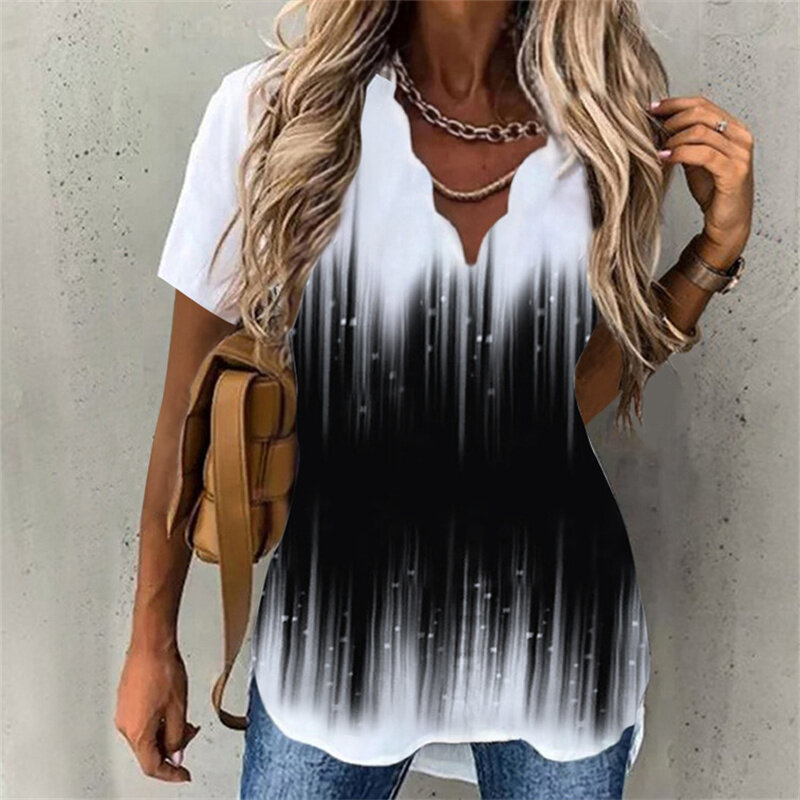 Women's Wave V Neck Pullover Shirt Summer Print Short Sleeve Loose Tops Ladies Elegant Temperament Commuter Daily Casual Blouse