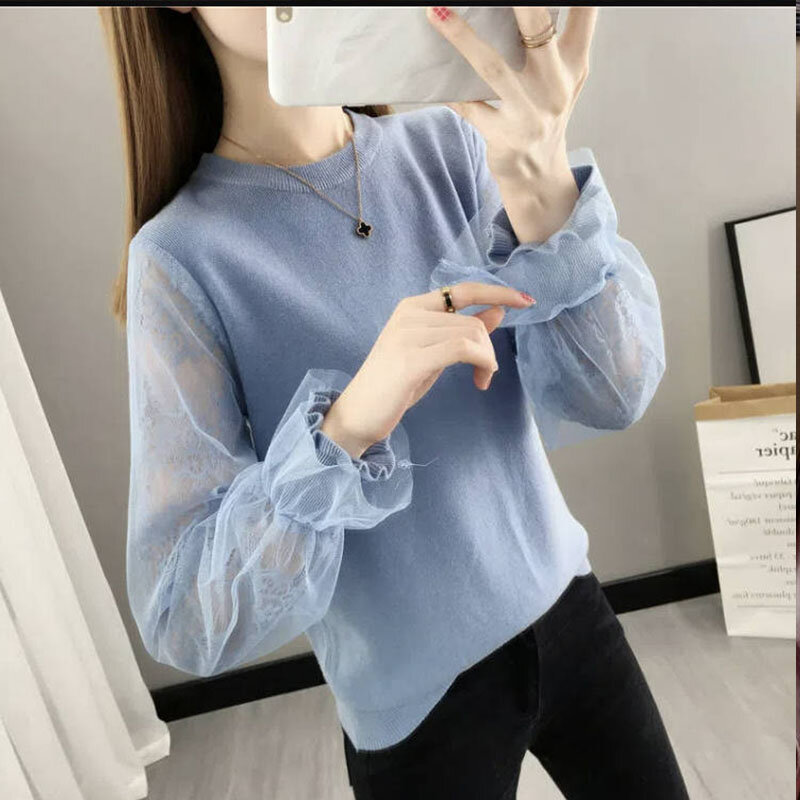 Elegant Fashion Lace Splicing Knitted Butterfly Sleeve Knitted Sweater for Women 2022 New Solid Color Jumper Women's Clothing