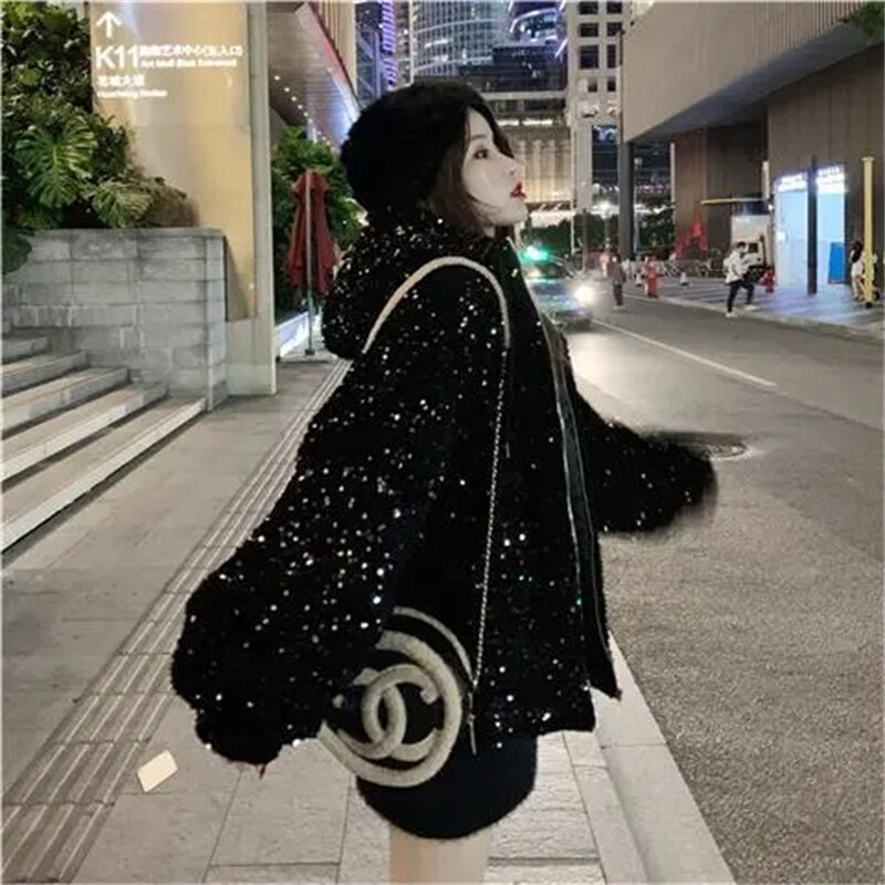 Mantel bertudung payet berkilau untuk wanita, mantel katun tebal pendek longgar versi Korea musim semi 2023