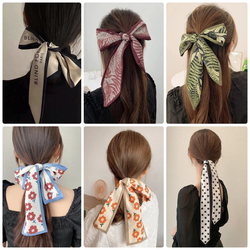 2023 New Fashion Silk Scarf Hair Band Long Ribbon Bow Korean Printing Letter Hair Scarf Women Ponytail Holder Hair Accessories