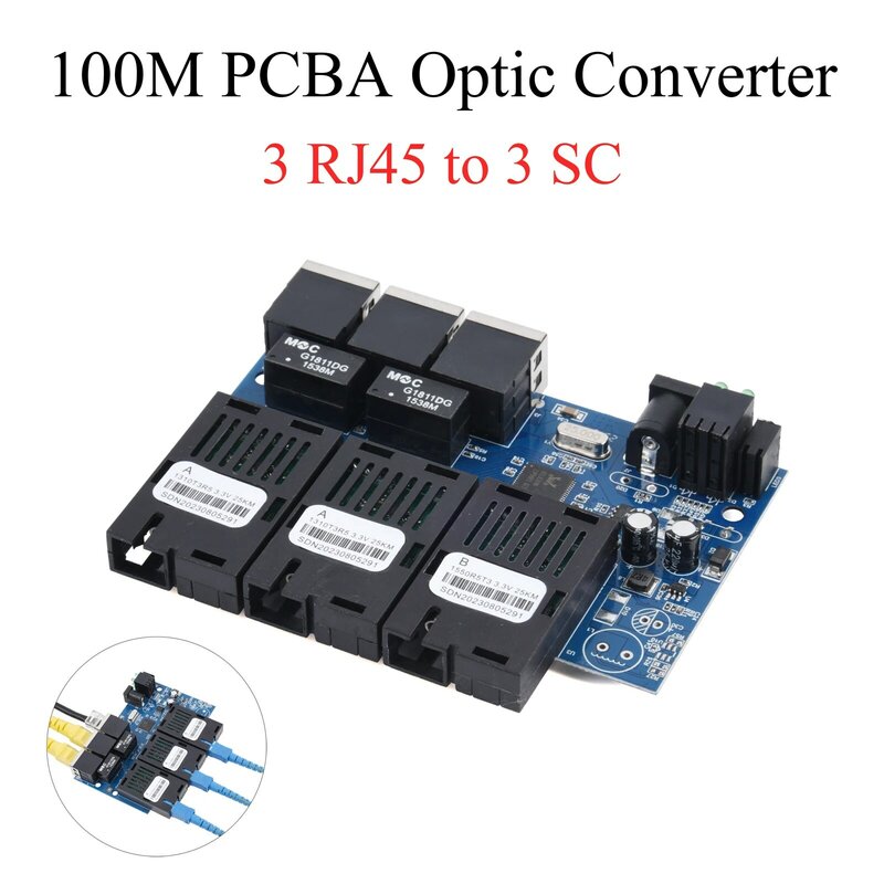 10M/100M Pcba Board Glasvezel Media Converter 3 Rj45 Naar 3 Sc Optische Connector 20Km Ethernet Switch 1310nm/1550nm 2a + 1b Poorten