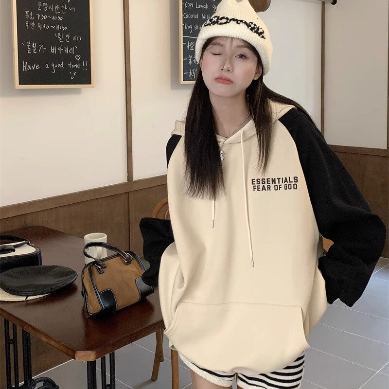 Fashion Printed Spliced Pockets Hooded Sweatshirts Female Clothing 2023 Autumn Winter Oversized Casual Tops Korean Sweatshirts
