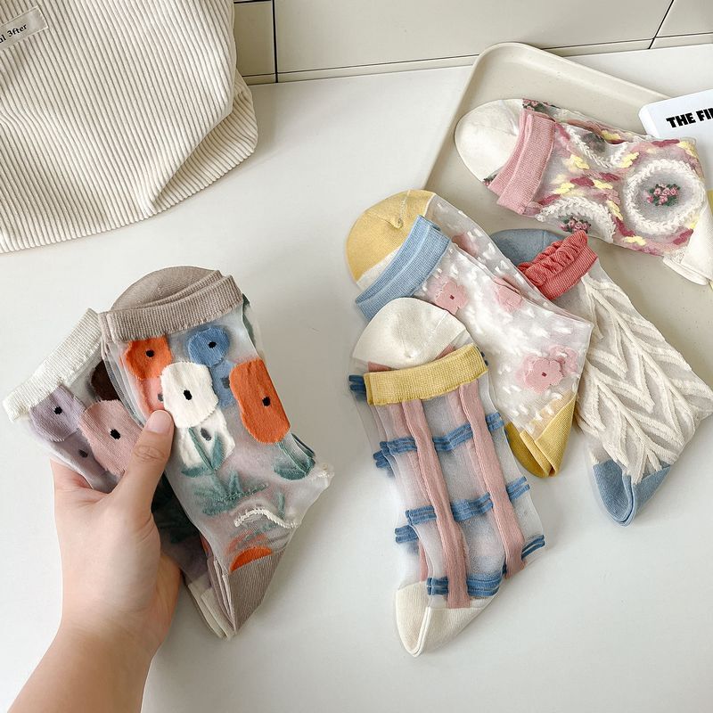 Летние новые носки Kave, женские тонкие Японские шелковые носки со стеклянными цветами, модные чулки в стиле Ins с карточками, Прямая поставка
