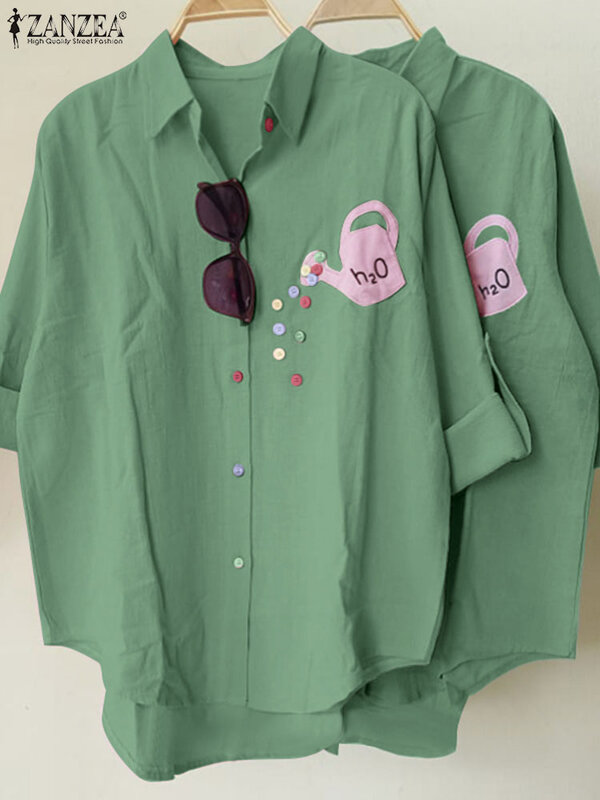 ZANZEA-Top manga comprida de túnica solta para mulheres, botões estampados, camisa de lapela elegante, moda casual, verão, 2024