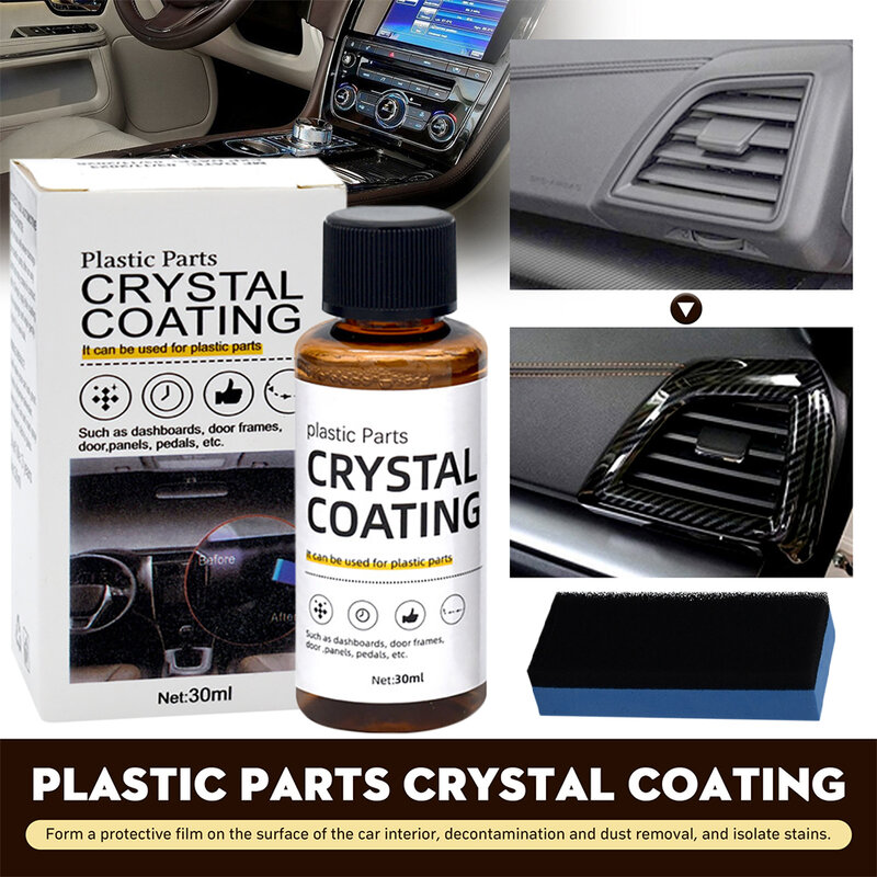 Crystal Coating Remodelar Agente com Esponja, Restaurador de Peças Plásticas de Longa Duração para Carro, Fácil de Usar, 30 ml, 60ml