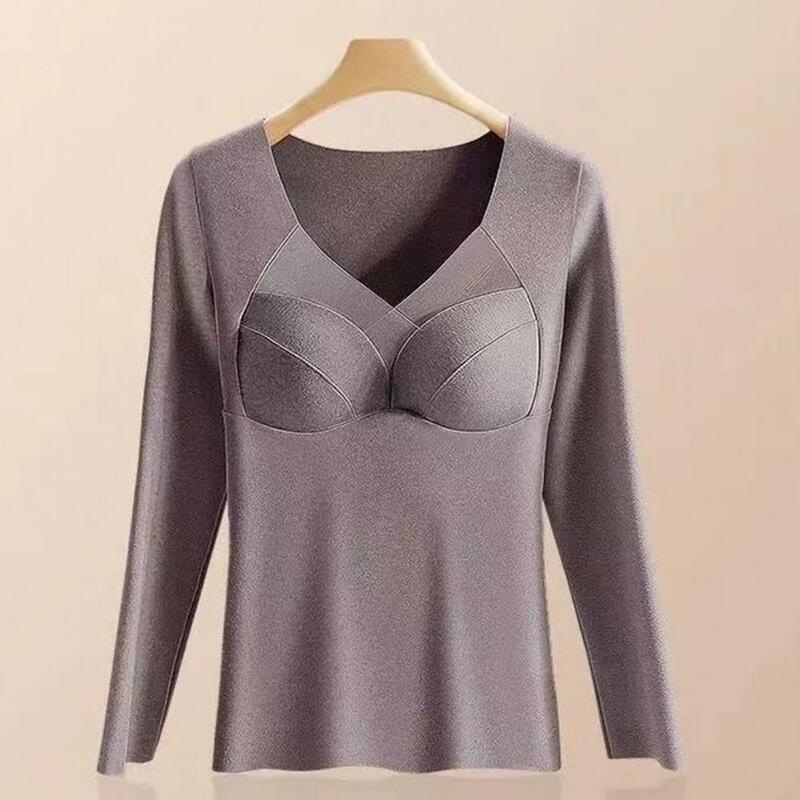 Winter Underwear Top Cozy V-neck Padded Winter Top for Women Thick Plush Warm Pullover with Heat-locking Technology for Weather
