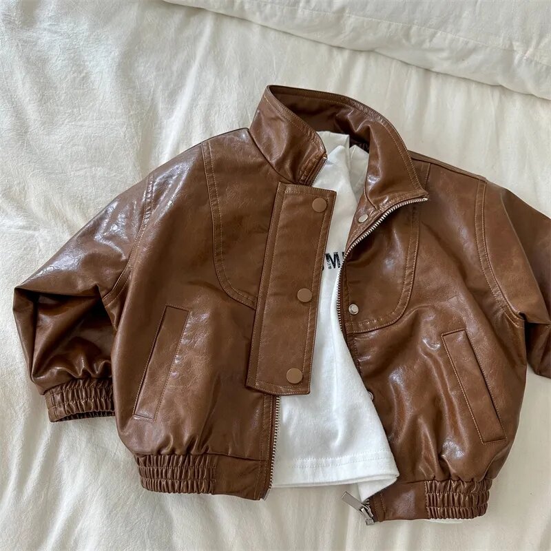 Boys Jacket outerwear Spring and Autumn New Korean Children's Vintage Zipper Leather Clothes Fashionable Baby Jackets Top