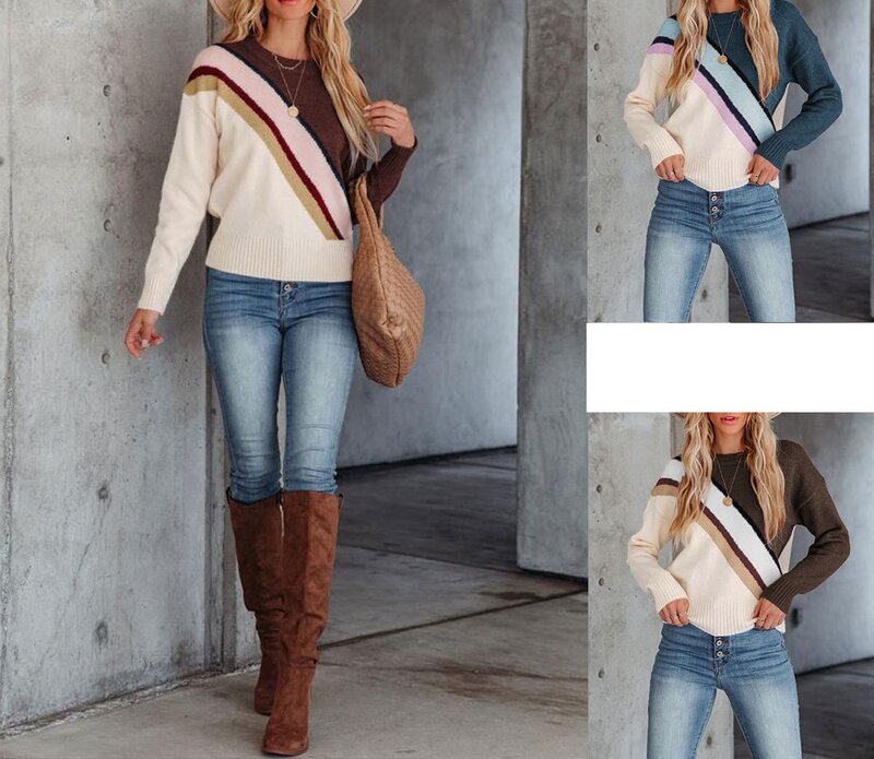 Autumn and Winter Women's Fashion Stripe Color Contrast T-Shirt Round Neck Pullover Sweater