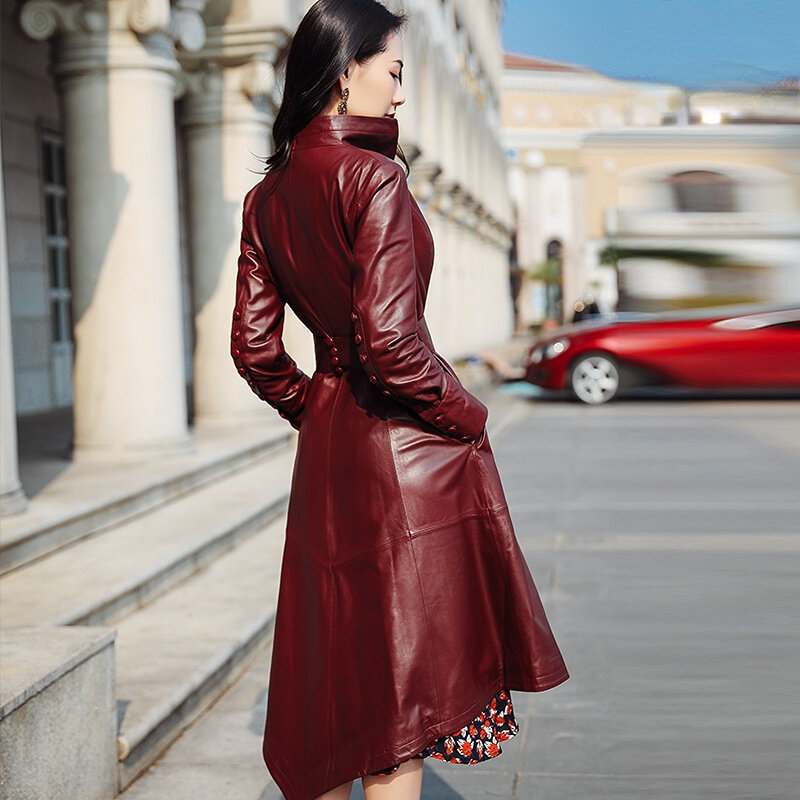 女性のための本物のシープスキンロングトレンチコート,革のジャケット,高品質のコート,秋のファッション,新しい2023