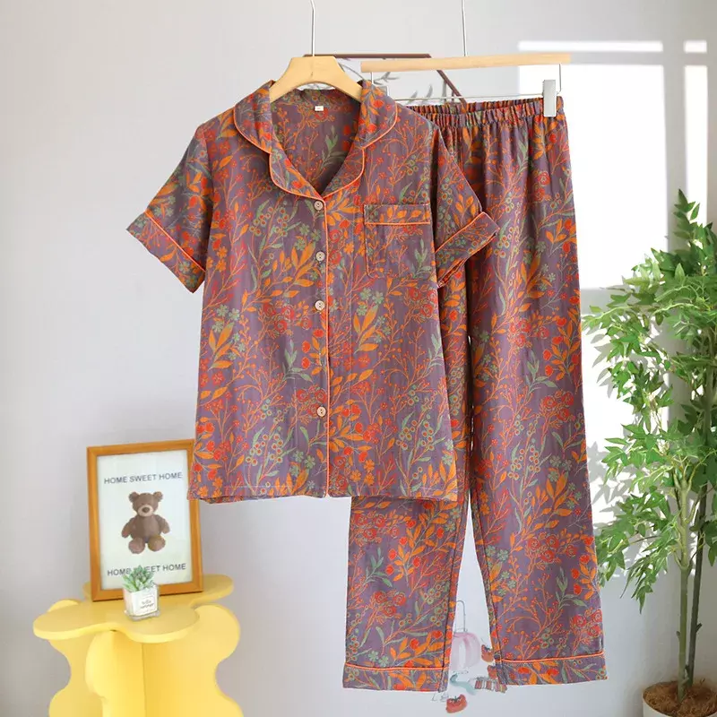 Conjunto de pijamas de manga corta para mujer, ropa de dormir de algodón puro con estampado Floral, camisón, ropa de noche