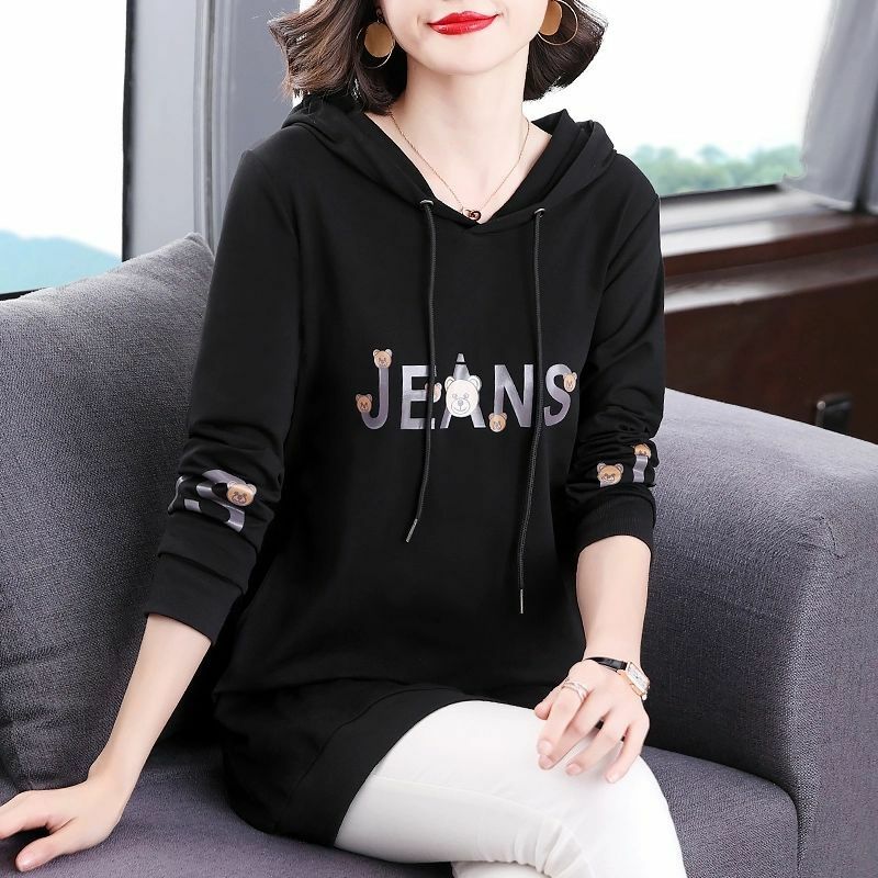 Fashion Loose Printing Lace Up Hooded Sweatshirts Women's Clothing 2023 Autumn Winter Oversized Casual Tops Commuter Sweatshirts
