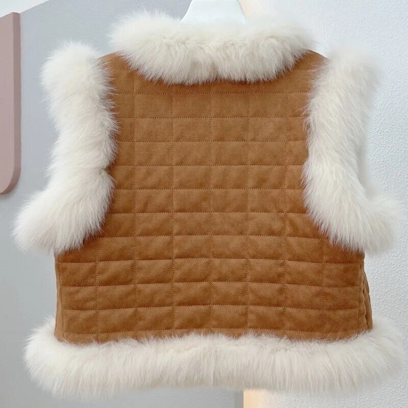2023 outono inverno nova real raposa jaqueta feminina moda doce pluffy genuína pele coletes quente sem mangas algodão casaco