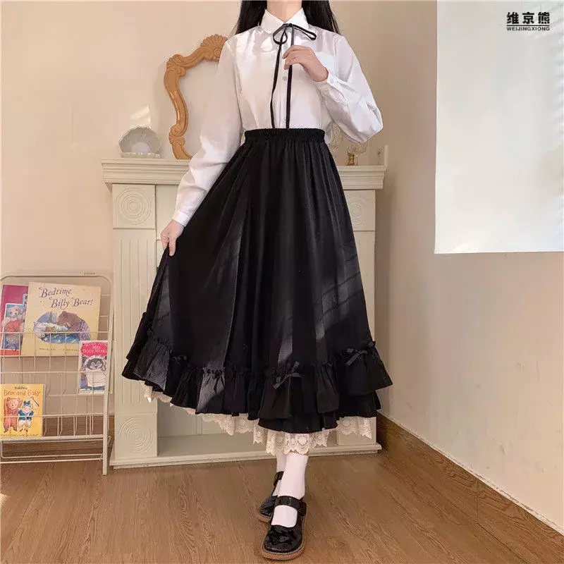 Falda de línea a con volantes para mujer, Falda larga de doble capa, estilo Hepburn, Color sólido japonés, negro, blanco, Vintage, FRANCÉS