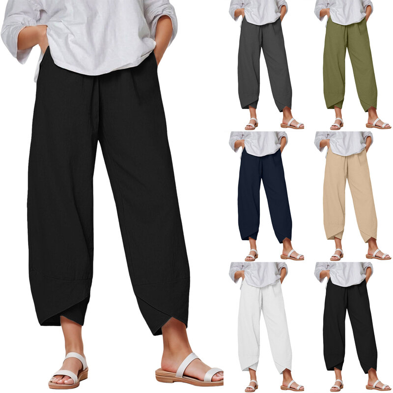 Women Cotton Harem Pants Vintage Solid Wide Leg Trousers Casual Loose Pockets Harajuku High Waist Baggy Pants Joggers