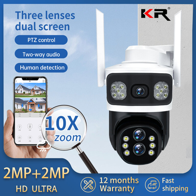 KR-Conexão Wi-Fi sem fio para telefones celulares, câmera impermeável IP ao ar livre, lente óptica 10x, Zoom.4MP. 3 Lens, V380, Câmera 360 Monitoramento