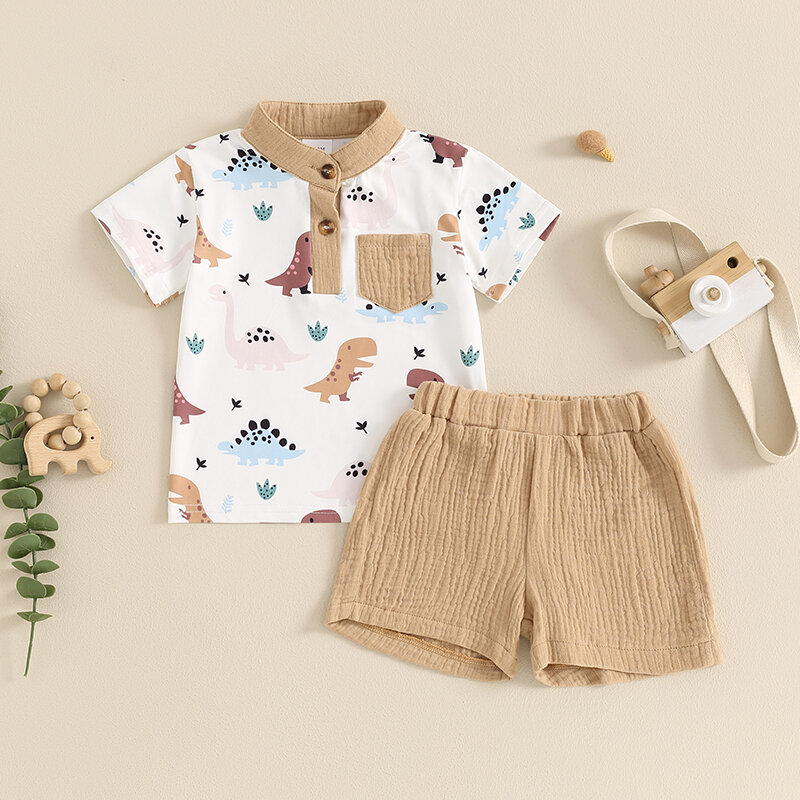 Suefunskry Baby Boy Summer Outfits Short Sleeve Band Collar Dinosaur Print T-Shirt + Shorts Set Toddler Casual Clothes