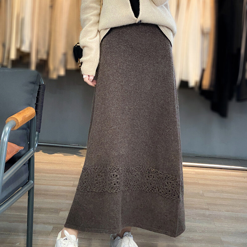女性用ハイウエストラインスカート,透かし彫りニットセーター,膝丈,ウール100%,秋冬コレクション