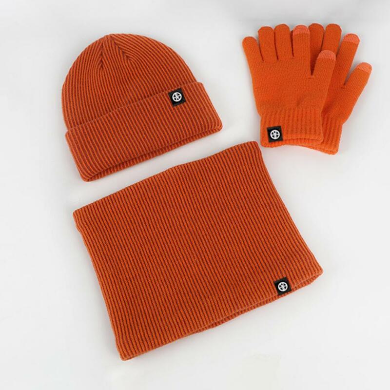 Fleece Hat Scarf Gloves Set 3-piece Winter Hat Scarf Gloves Set for Unisex Solid Color Striped Thick Warm Elastic Anti-slip Neck