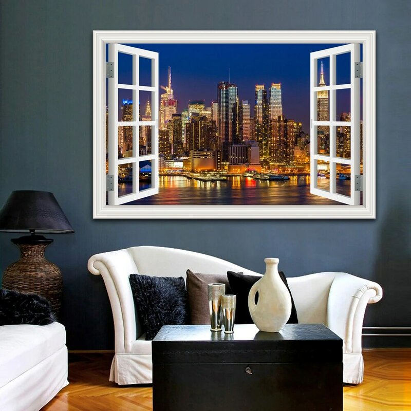 Póster de lienzo artístico con impresión de ventana de paisaje nocturno de edificio de ciudad para decoración de sala de estar, imagen de pared del hogar