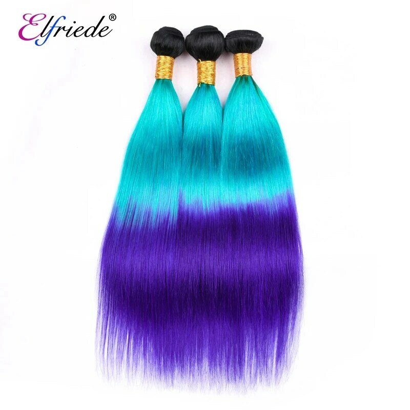 ElfriEDE Straight Human Hair Bundles, Ombre Colored, 1B Light Blue and Blue, Tece cabelo, extensões de cabelo, 3 ou 4 pacotes, ofertas