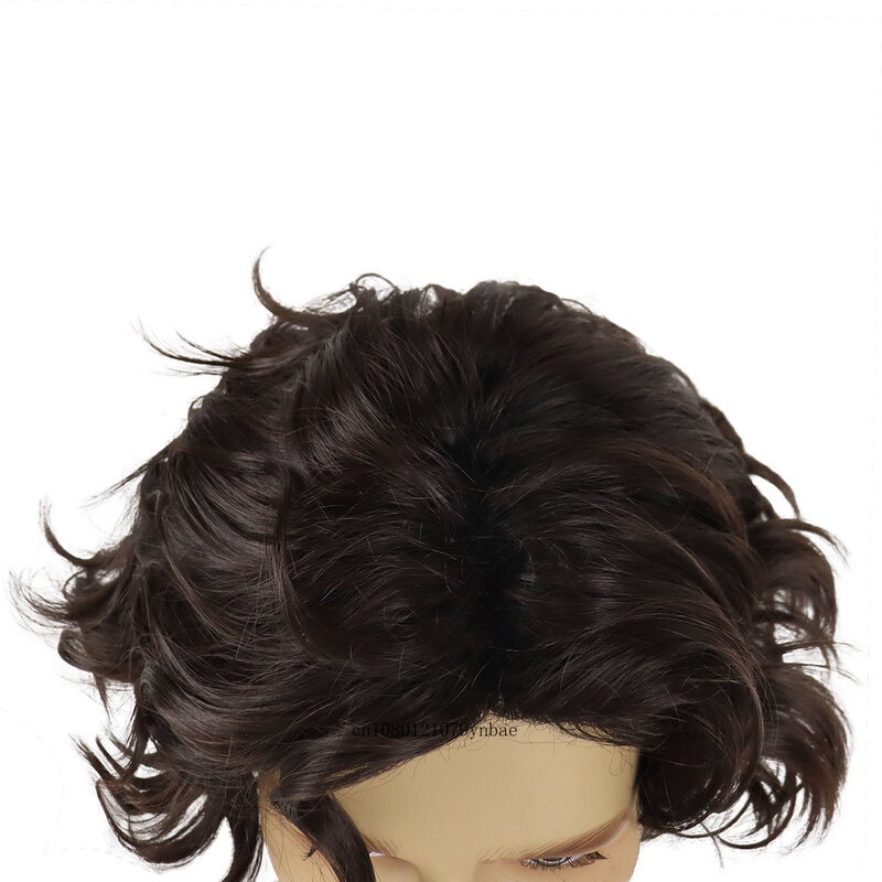 Perucas encaracoladas castanho escuro com franja lateral masculina, cabelo sintético, peruca curta masculina, fantasia de cosplay, estilo casual, festa de carnaval