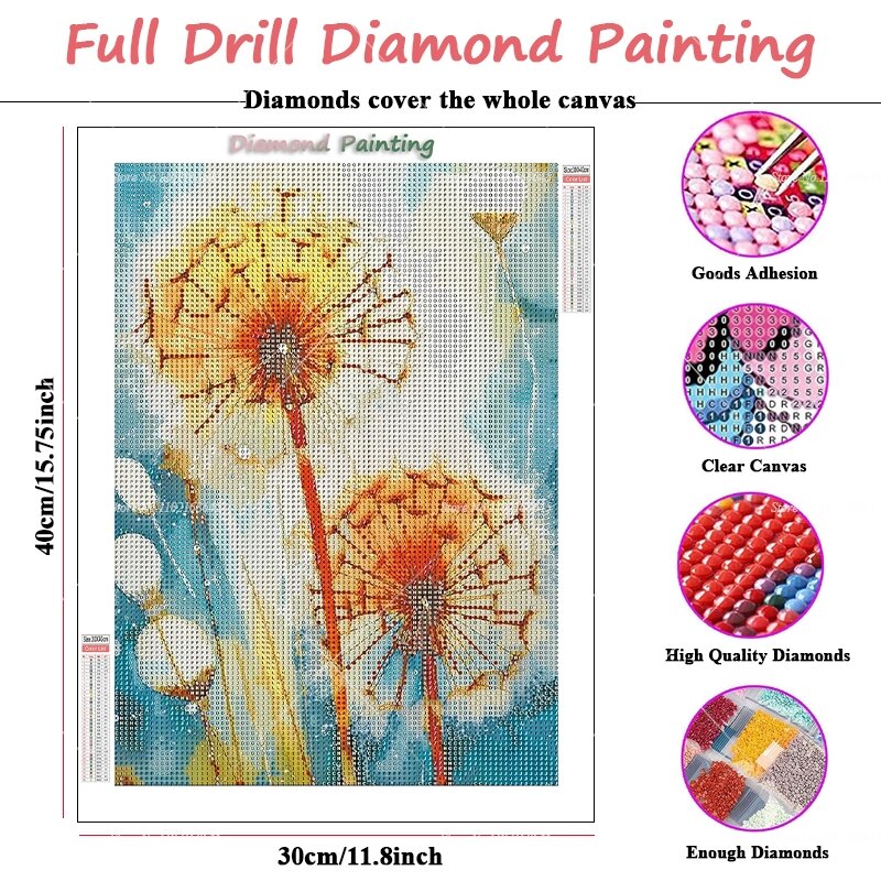 5D DIY Diamond Mosaic Cross Stitch Fantasy Dandelion Plants Flower Diamond Embroidery Art Painting Flower Decoration for Bedroom