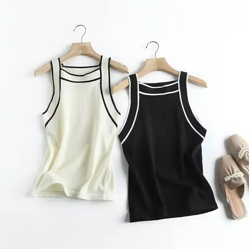 Women's 2023 Fashion New Two-color Stitching Sling Knit Vest Retro Sleeveless Thin Belt Women's Camis Chic Top