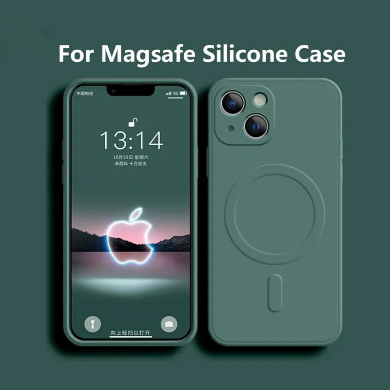 Casing pengisi daya nirkabel magnetis untuk iPhone, casing penutup belakang silikon cair lunak untuk iPhone 14 13 12 11 15 Pro Max Mini XR X S 7 8 Plus