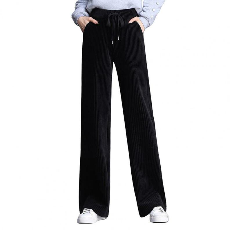 Frauen Hosen Kordel zug elastisch hohe Taille breites Bein locker gerade einfarbig dicke Plüsch warme Taschen weiche Dame lange Hosen s