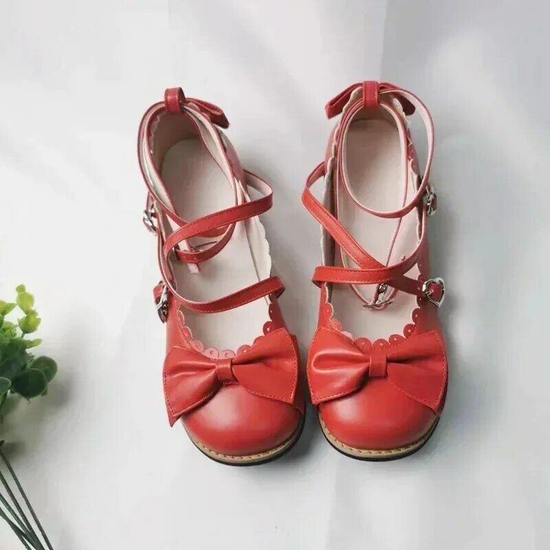 HoneyCherry NEW Lolita Shoes Princess Shoes Students Lovely Shoes Women Flats Low Round With Cross Straps Bow