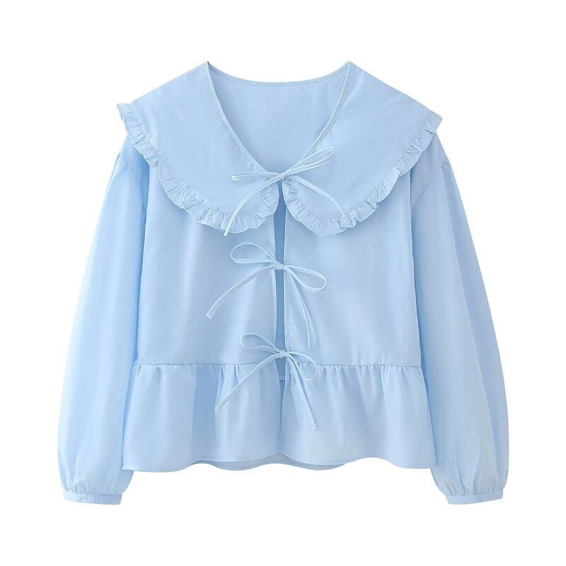 Nuova moda coreana Ruffles camicia retrò camicetta 2024 primavera donna Casual bambola colletto Lace-up camicia a maniche lunghe camicetta femminile top