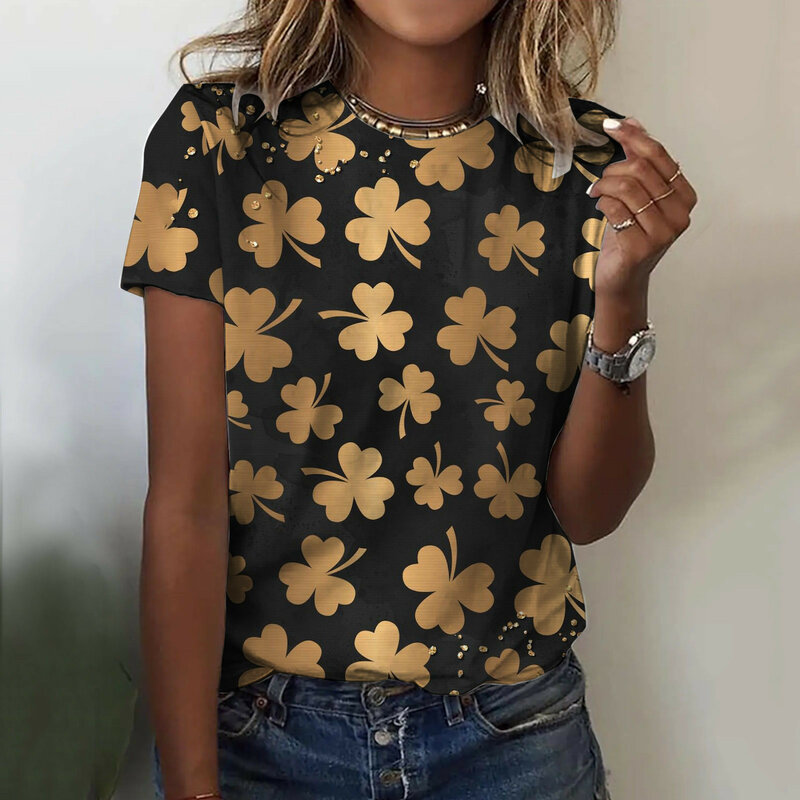 T-Shirt da donna Casual a maniche corte di colore rotondo moda giorno di san patrizio stampa modello BlouseLoose magliette giornaliere per le donne