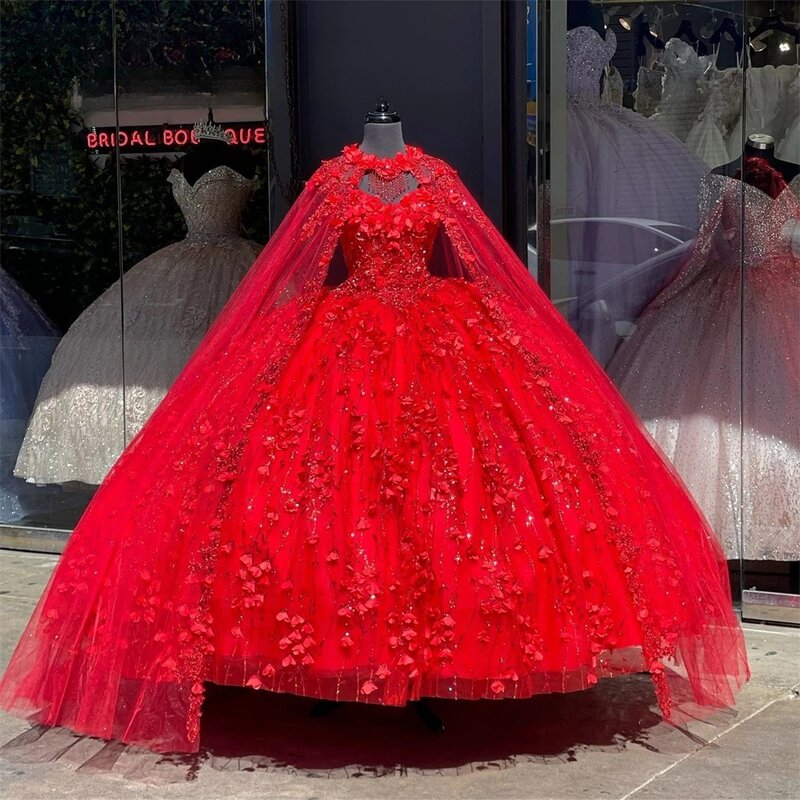 Vestidos de Quinceañera de princesa roja, vestido de baile, dulce, Floral, brillante, personalizado, 15 Años, 16