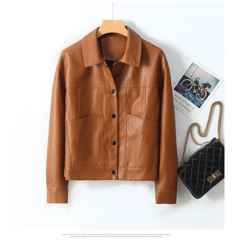 2024 Women's Autumn Short Lapel Leather Jacket PU Leather Fashion Slim-Fit Leather Coat