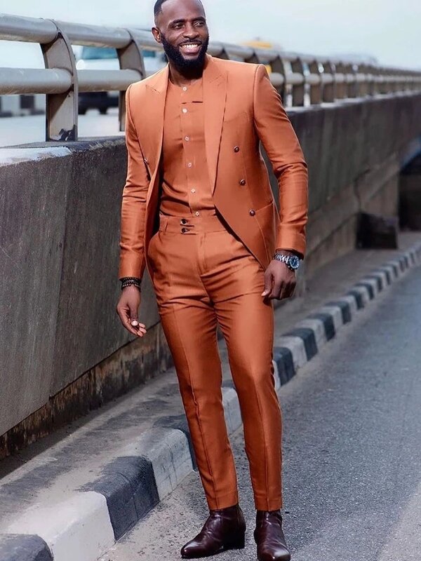 Setelan Pria Afrika oranye baru kerah puncak pernikahan Slim Fit pengantin pria Tuxedo Terno Masculino Prom Blazer 2 buah jaket celana kostum Homme
