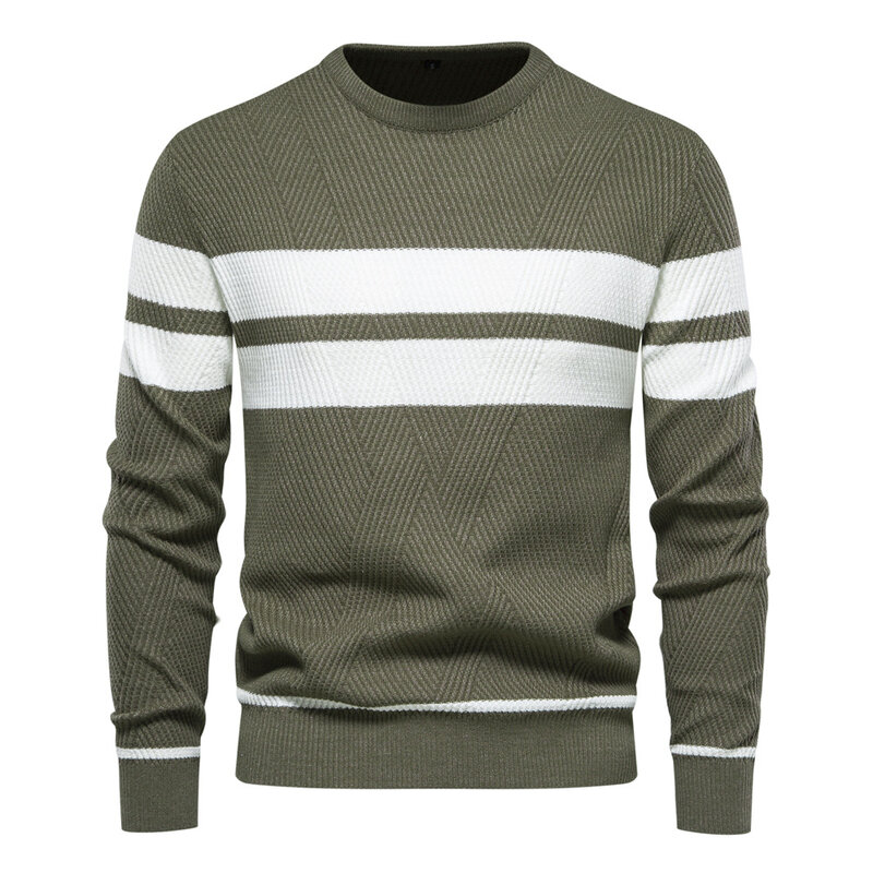 Suéter listrado casual masculino, pulôver combinando cores, gola redonda, camisa de fundo de malha, manga comprida, outono, inverno