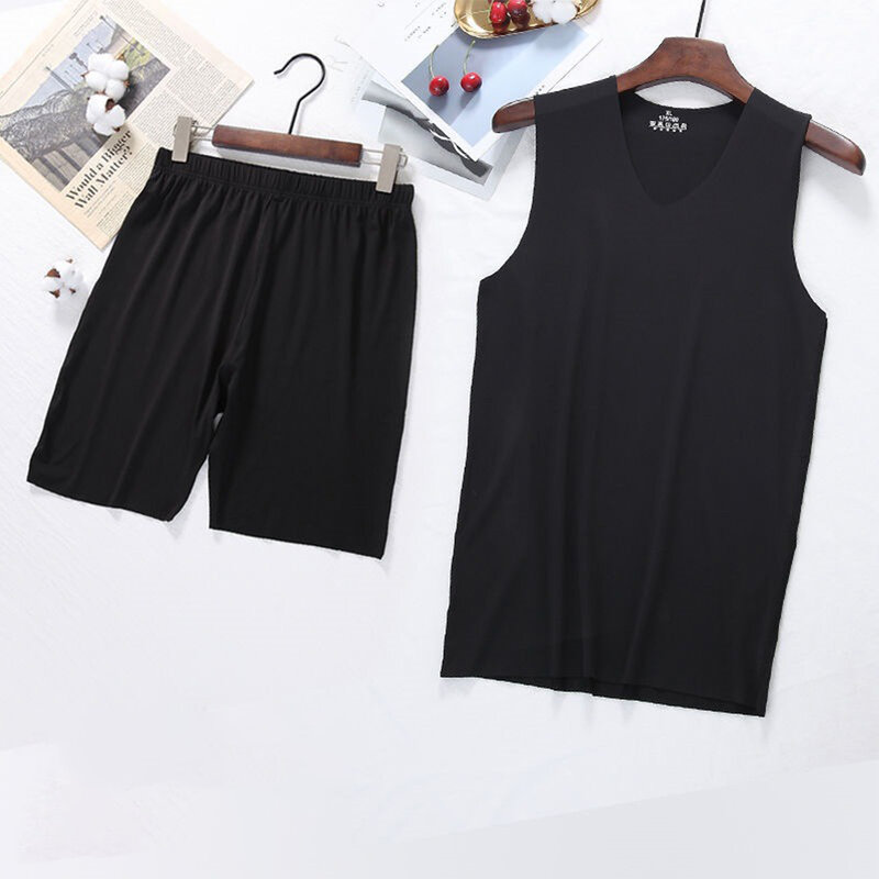 Men’s Ice Silk V-Neckline Sleeveless Tank Vest Top And Five Shorts Set Pajamas Summer Casual Elastic Comfortable Living Wear