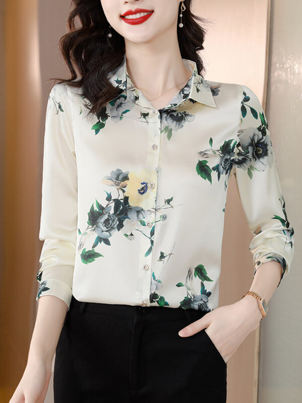 Blusa de seda con estampado para mujer, de estilo Vintage camisa femenina, elegante y juvenil, a la moda, para oficina, 2023