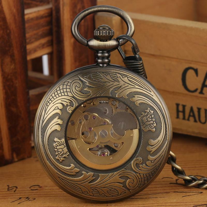 Bronze luminosos numerais romanos Dial Relógios de bolso, Automático Mecânico, Esqueleto Relógio, Presente Hunter completa, Pingente Cadeia, Unisex