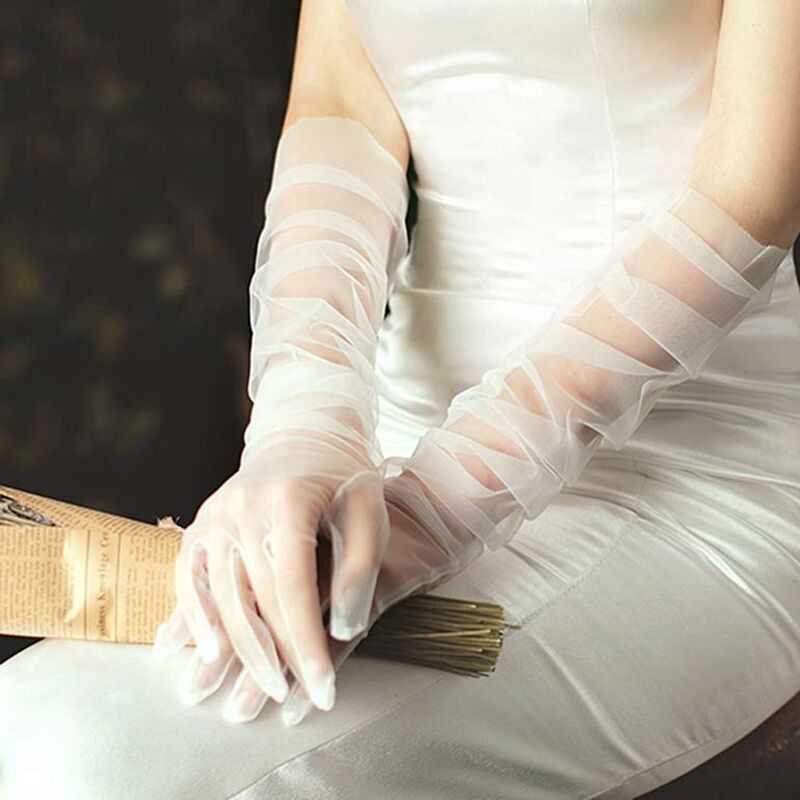 Длинные Аксессуары для фотографий, 1 пара, ультратонкие свадебные перчатки, женское платье, свадебные рукавицы, тюлевые перчатки