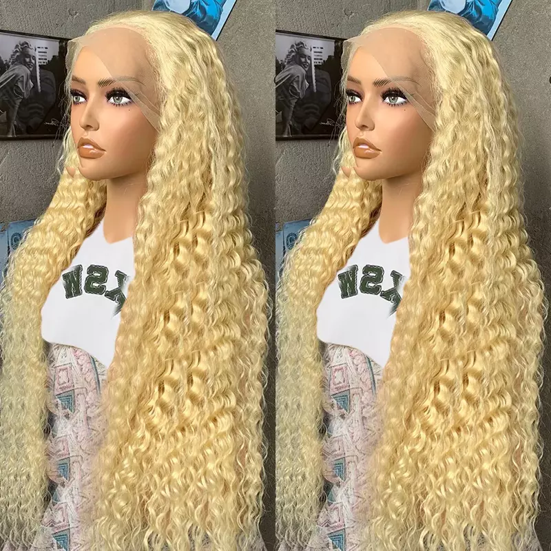 Perruque Lace Front Wig Deep Wave Naturelle Bouclée, Cheveux Blonds, 13x6, 13x4, HD 613, pour Femme