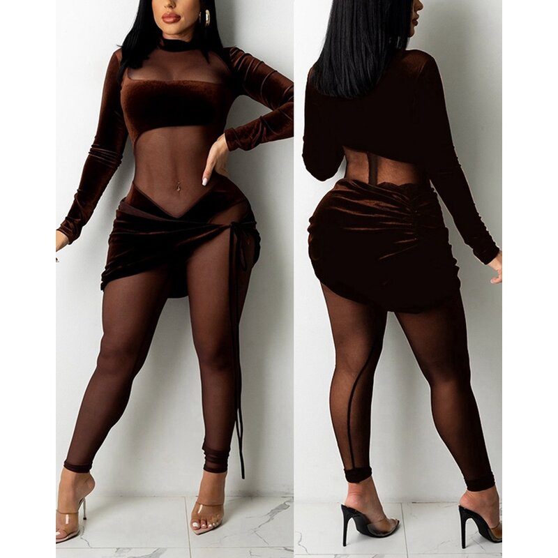 Women Mock Neck Contrast Sheer Mesh Velvet Sexy Jumpsuit and Tied Skirt Set Design Skinny Jumpsuits One-Piece Party Outfits