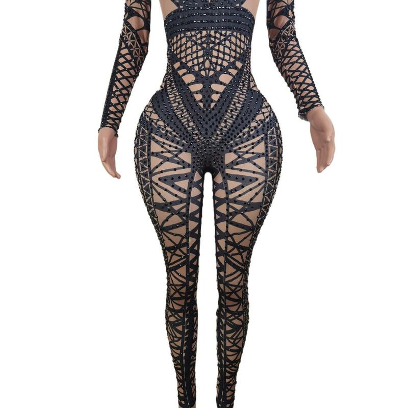 Sexy Jumpsuit Women Black Long Sleeve Print Costume Crystal Nightclub Dance Outfit Party Pole Stage Performance Wear Heisanjiao