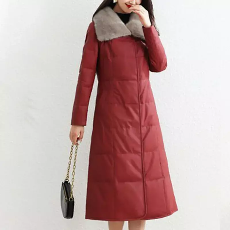 Jaket kulit asli wanita, mantel kulit tebal berlapis bulu cerpelai panjang kerah bulu domba