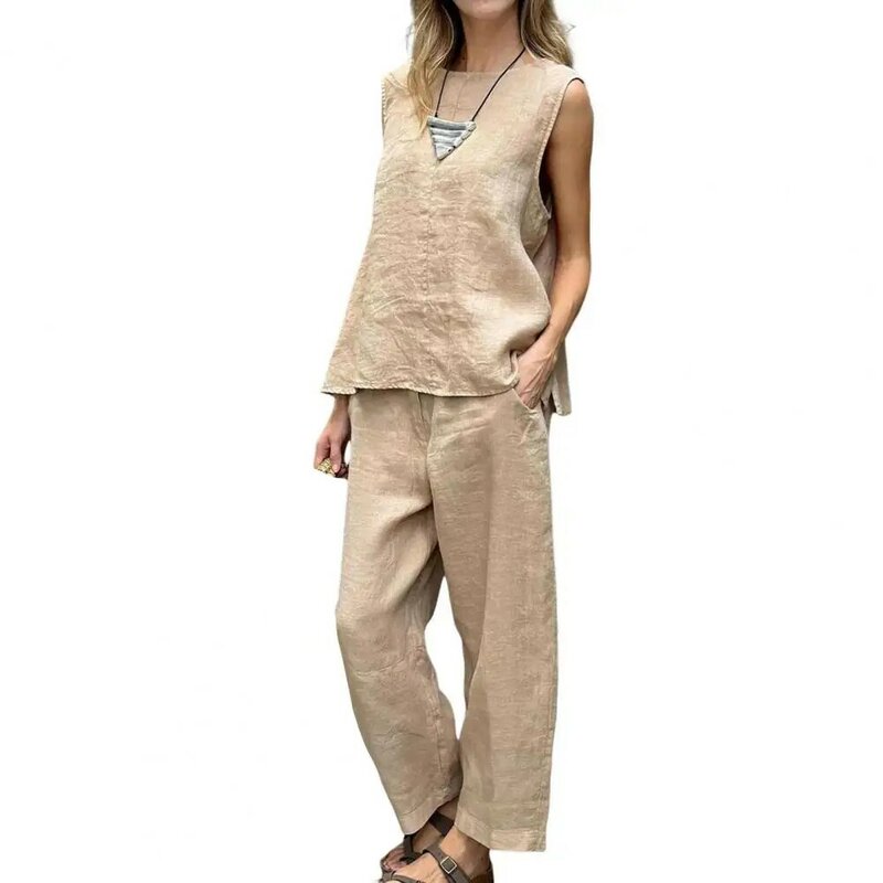 Conjunto de 2 piezas de algodón y lino para mujer, Top holgado con cuello redondo, pantalones de cintura elástica, chaleco elegante e informal
